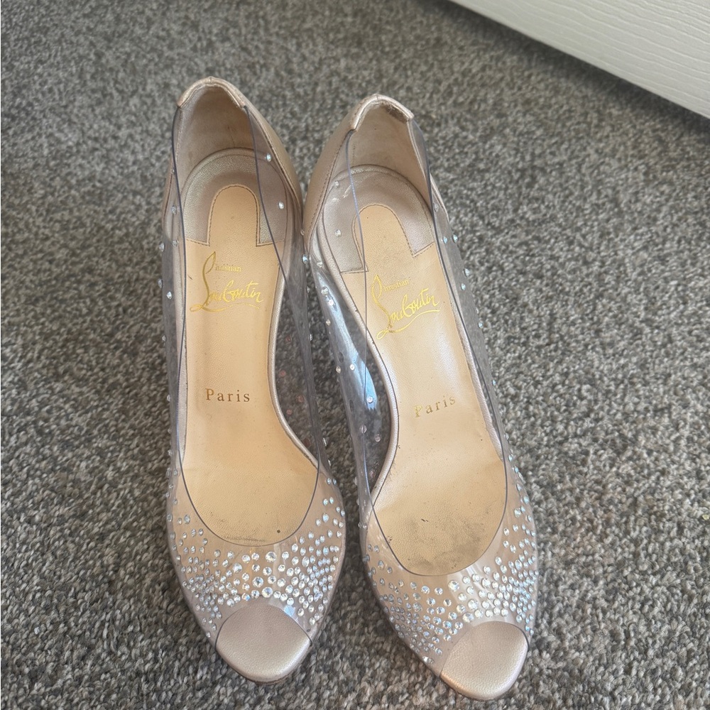 Christian Louboutin Crystal Embellished Peep Toe Heels - Beige